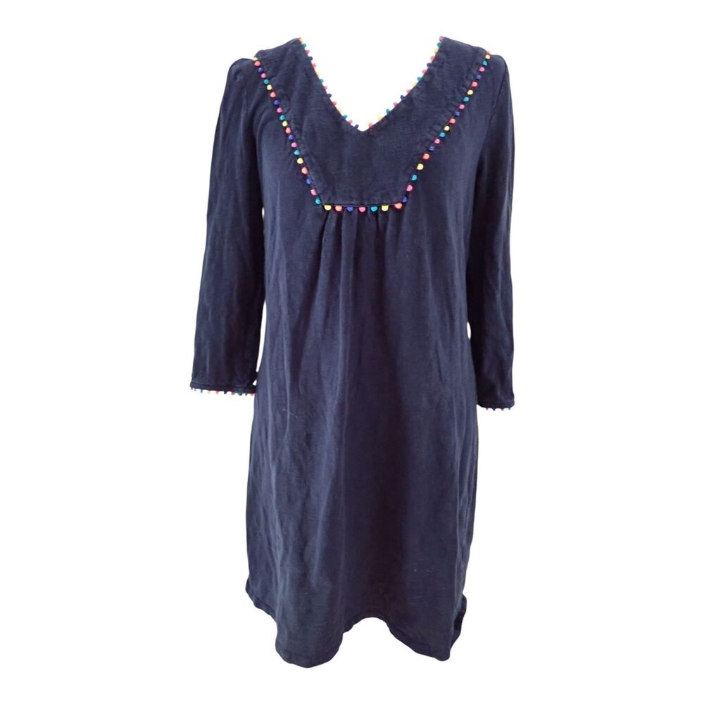 Boden Charlie Dress Size 6 Blue Pom Pom Trim V Neck 3/4 Sleeve Tunic